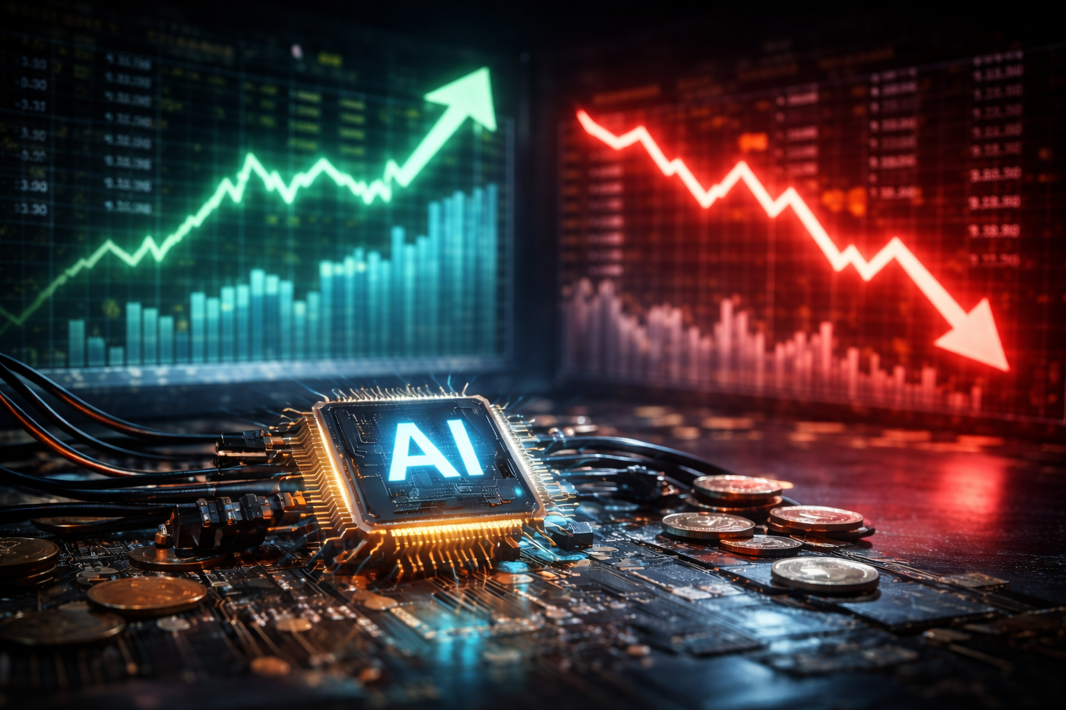 Photorealistic close-up of an AI-themed microchip on a circuit board with scattered coins and cables, with two blurred market screens behind it—one showing a rising green trend and the other a falling red trend.