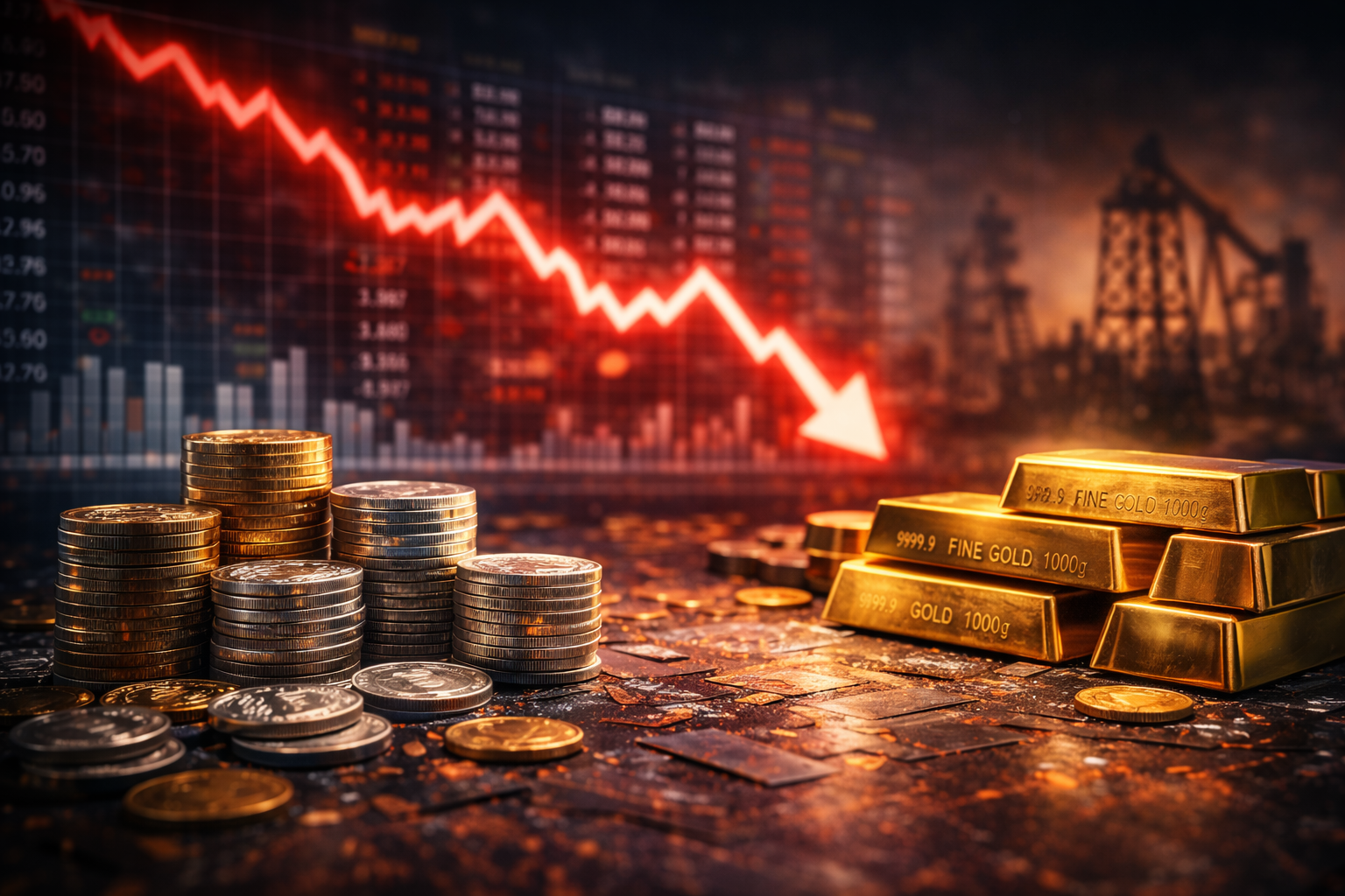 Photorealistic stacks of gold and silver coins beside gold bars on a trading surface, with a blurred red downward market chart and faint mining equipment silhouettes in the background.