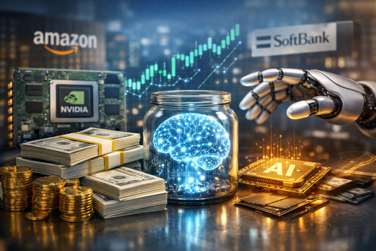 Photorealistic scene showing a glowing AI brain inside a glass jar on a desk, surrounded by stacks of cash, gold coins, semiconductor chips, a robotic hand reaching in, and an upward stock chart in the background.