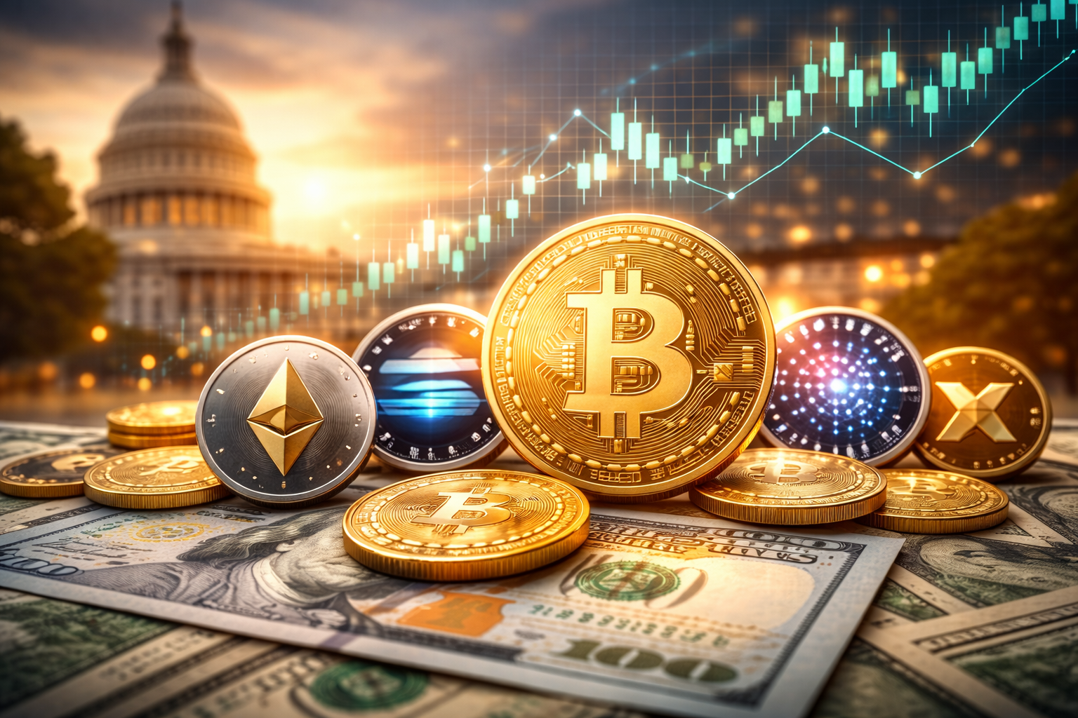 Photorealistic close-up of Bitcoin and several altcoin coins on U.S. dollar bills, with the U.S. Capitol softly blurred in the background at sunset and a subtle upward market chart overlay.