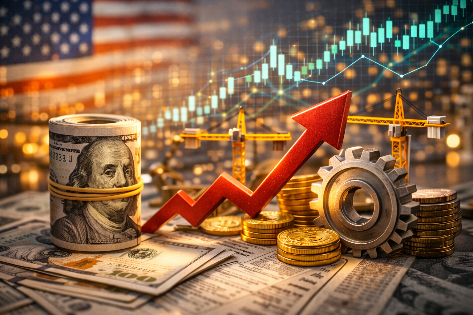 Photorealistic financial scene with a rolled U.S. hundred-dollar bill in the foreground, stacks of coins, a large metal gear and construction cranes, an upward-pointing arrow, and a blurred U.S. flag with rising market chart graphics in the background.