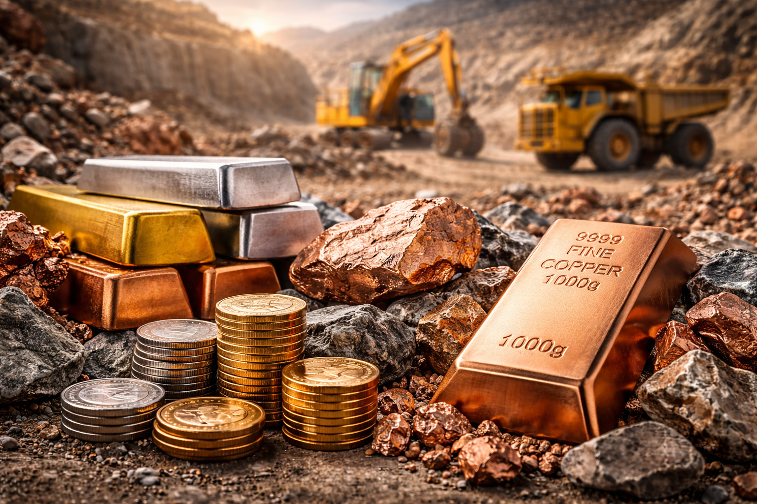 Photorealistic close-up of copper ore and stacked gold, silver, and copper metal bars with coins in the foreground, set against a blurred open-pit mine with heavy trucks and an excavator.