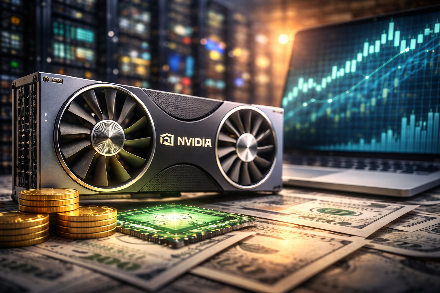 Photorealistic close-up of a high-end graphics card on a desk with scattered U.S. dollar bills and stacked coins, a glowing semiconductor chip in the foreground, and a laptop screen showing a rising market chart in the background.