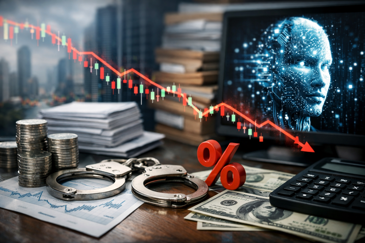 Photorealistic desk scene with stacked coins, handcuffs, a red percent symbol, scattered US dollar bills, and a laptop showing a glowing AI face, with an overlaid downward candlestick chart.