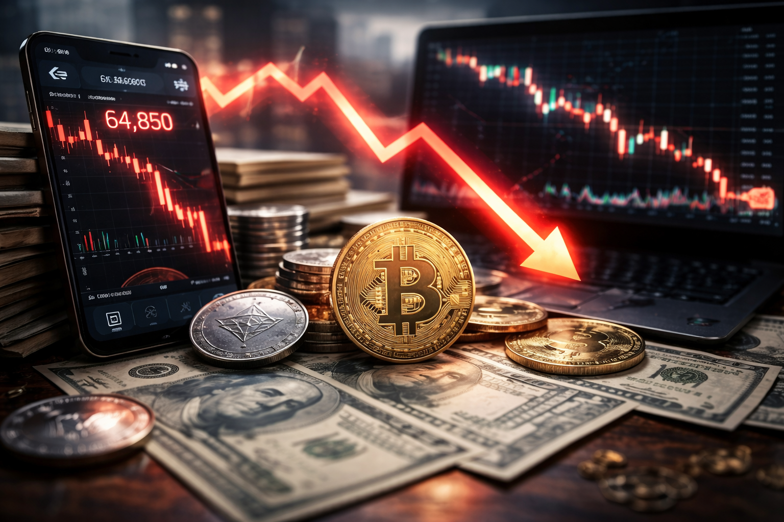 Photorealistic close-up of a physical bitcoin on scattered US dollar bills beside a smartphone showing a red downward crypto price chart, with additional coins and a laptop displaying a falling candlestick chart in the background.