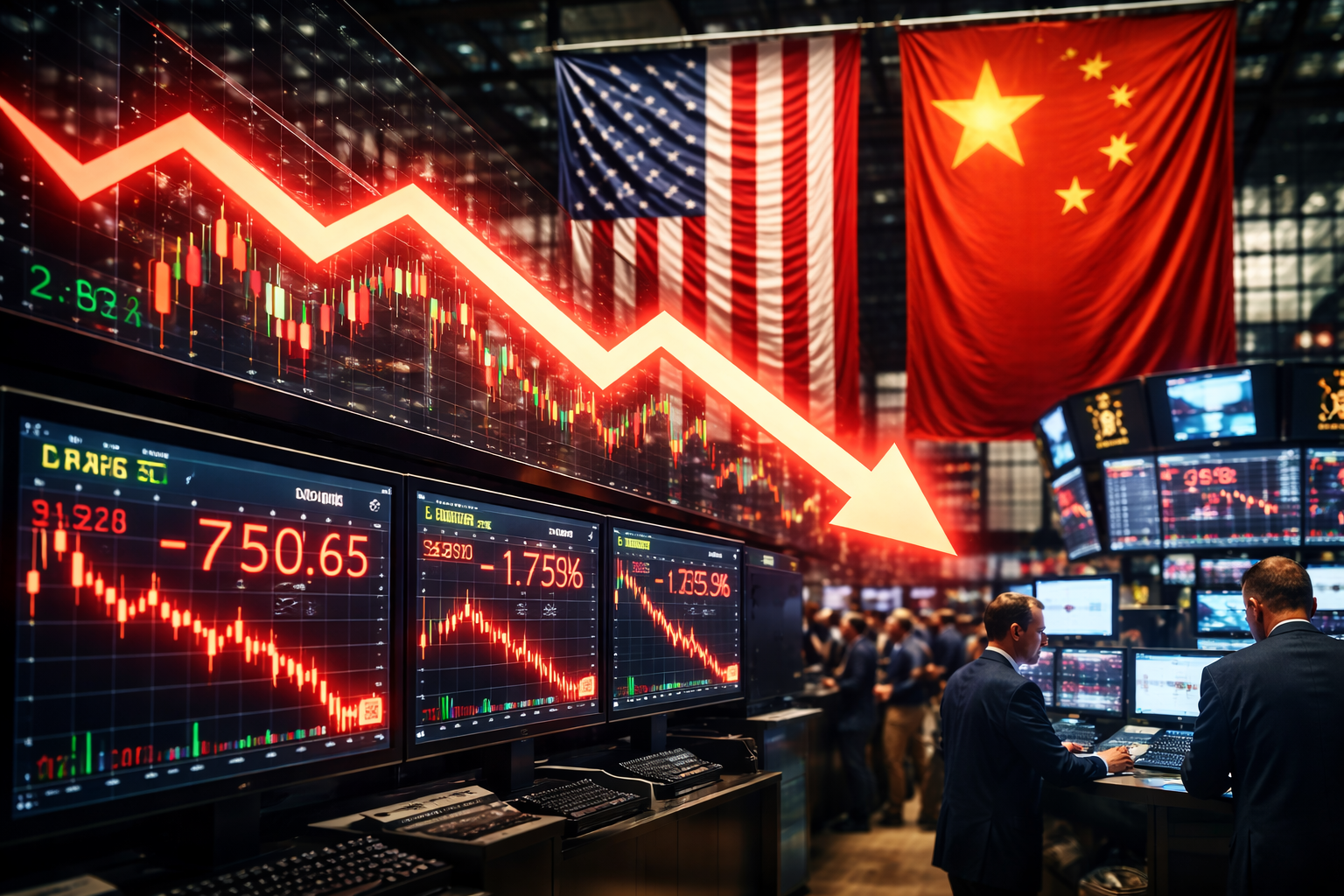 Photorealistic view of a busy stock exchange trading floor with large market screens showing falling charts, U.S. and China flags hanging in the background, and traders watching multiple monitors as a red downward market graphic dominates the scene.
