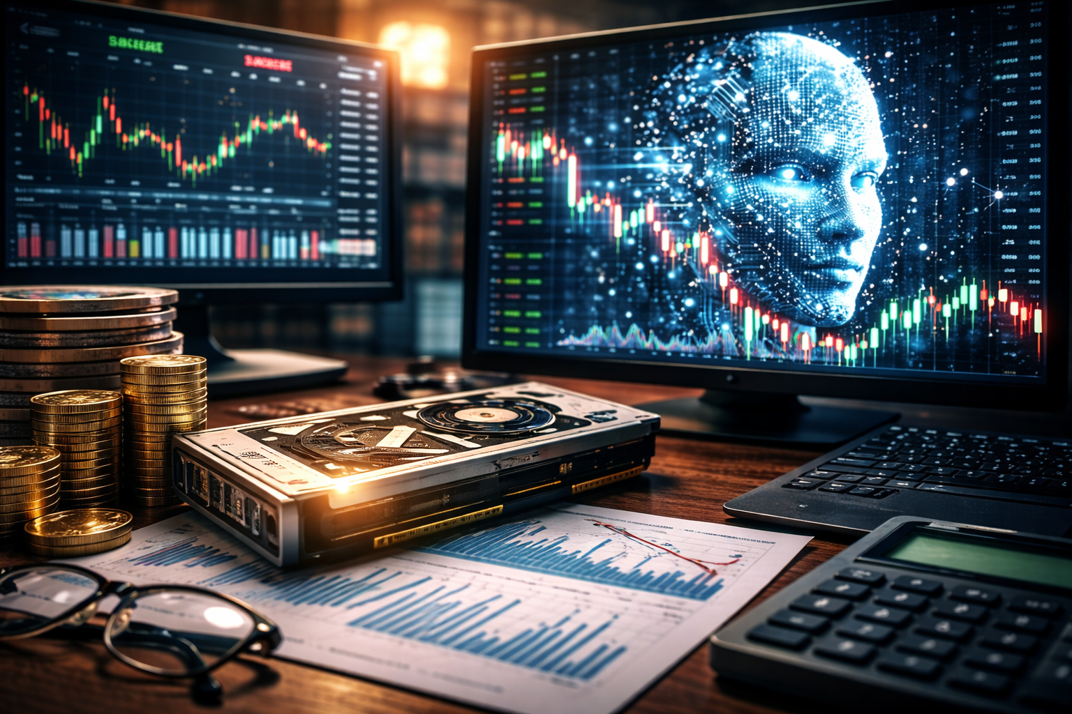 Photorealistic desk scene with stacked gold coins and printed financial charts beside a high-end graphics card, while multiple monitors in the background show market charts and a glowing digital AI face.