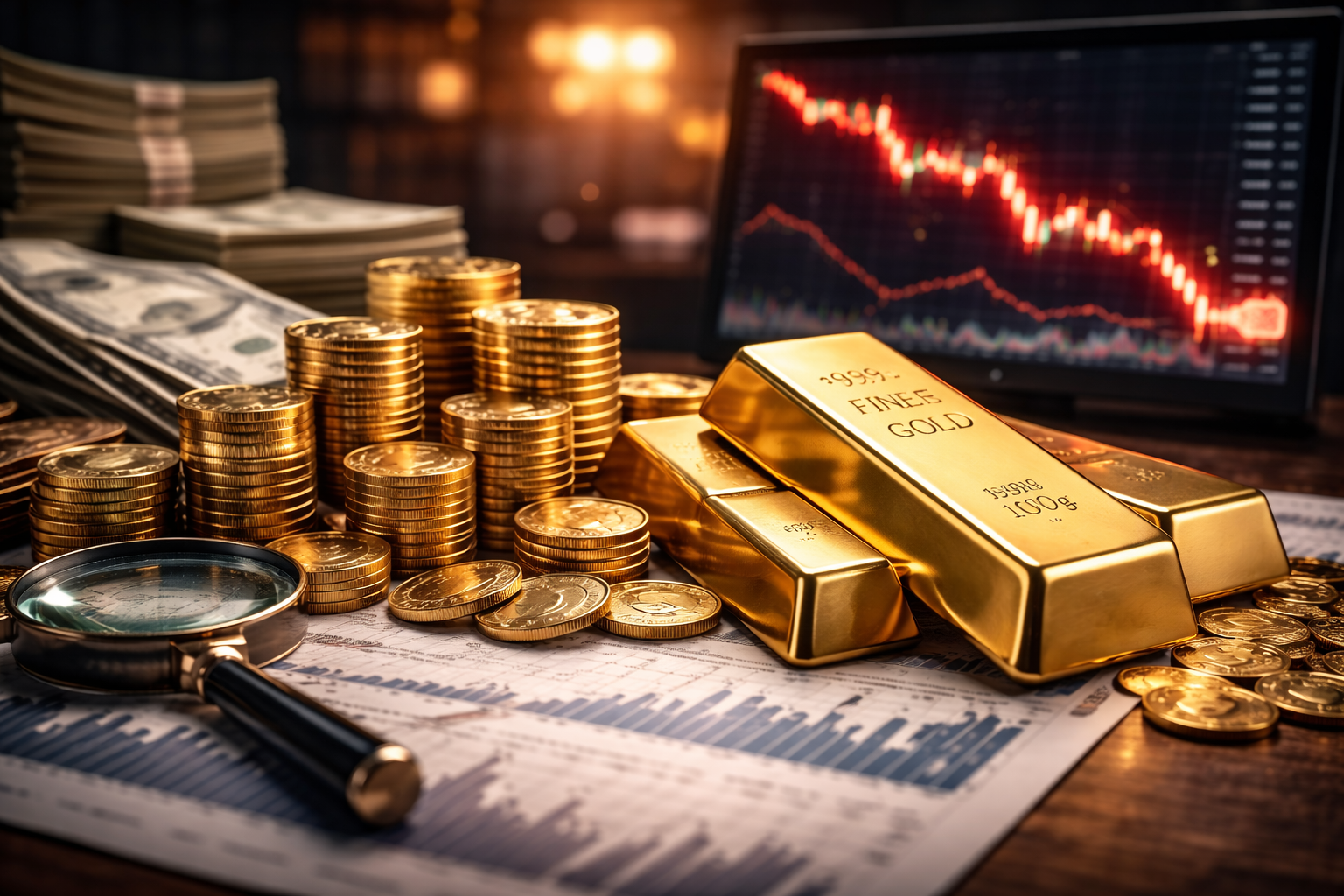 Photorealistic close-up of gold bars and stacked gold coins on financial charts beside a magnifying glass and cash, with a monitor in the background showing a steep red market selloff.