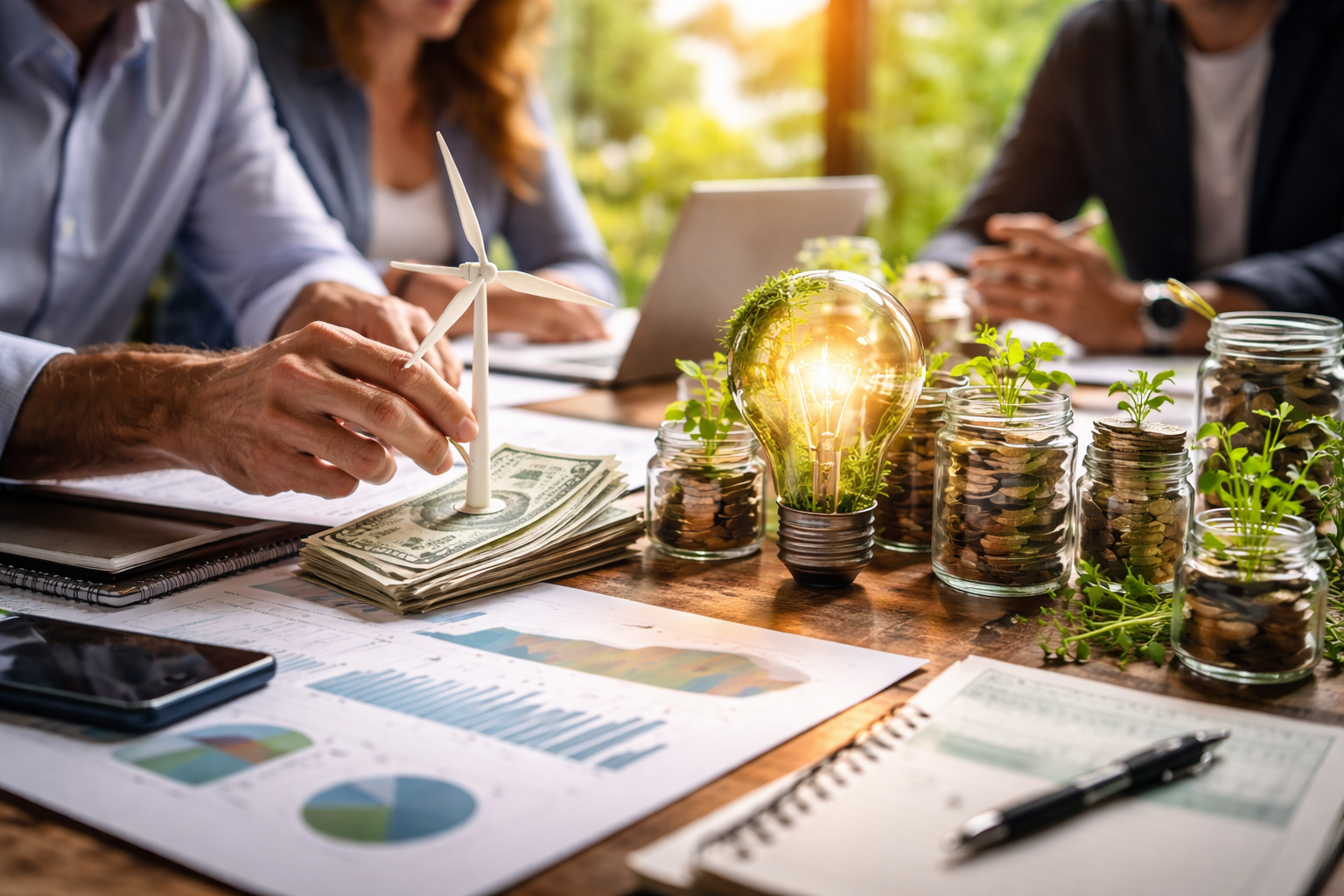 Photorealistic scene of three people in a sunlit meeting reviewing clean-tech concepts, with a small wind turbine model on a stack of cash, jars of coins with green seedlings, and financial charts spread across a table.