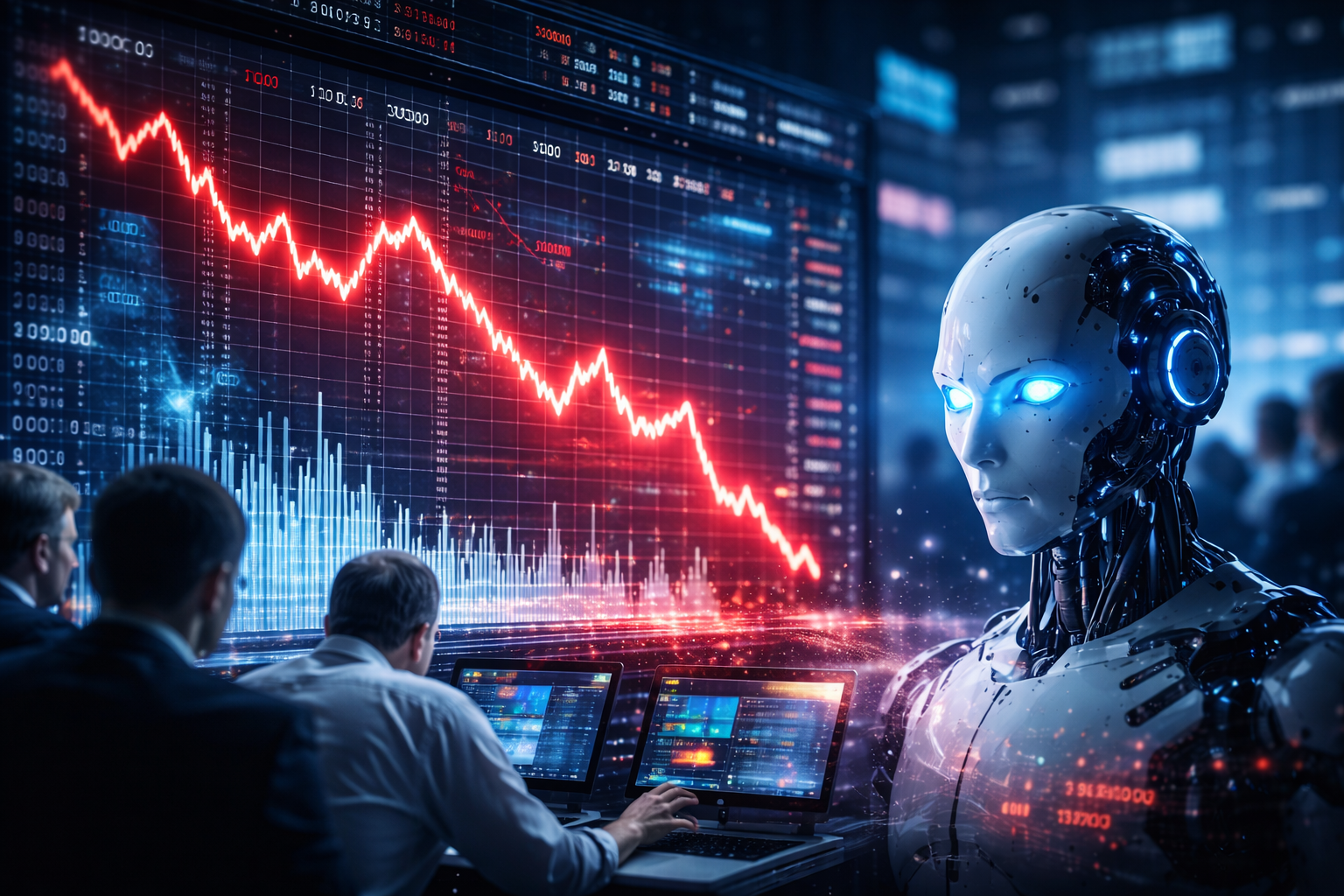 Photorealistic trading-floor scene with a large downward-trending market chart glowing in red while a futuristic humanoid robot stands in the foreground under cool blue lighting.