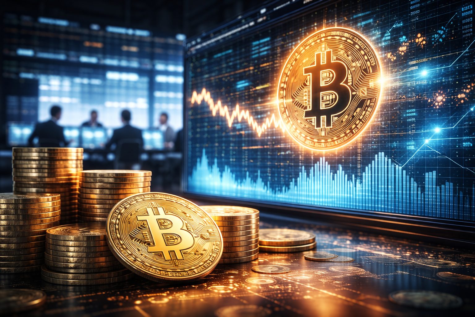 Photorealistic scene of stacked gold Bitcoin coins on a desk with a large glowing Bitcoin emblem on a digital market screen in a modern office background.