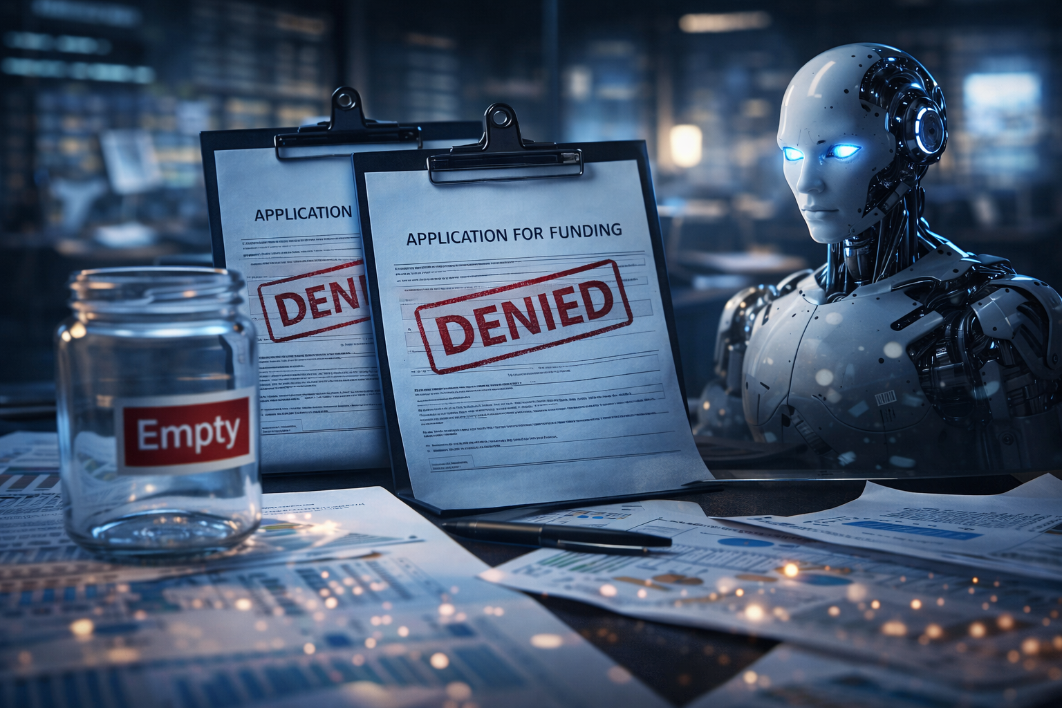Photorealistic office desk scene with two funding application documents marked as rejected, an empty glass jar, and a sleek humanoid robot in cool blue lighting.