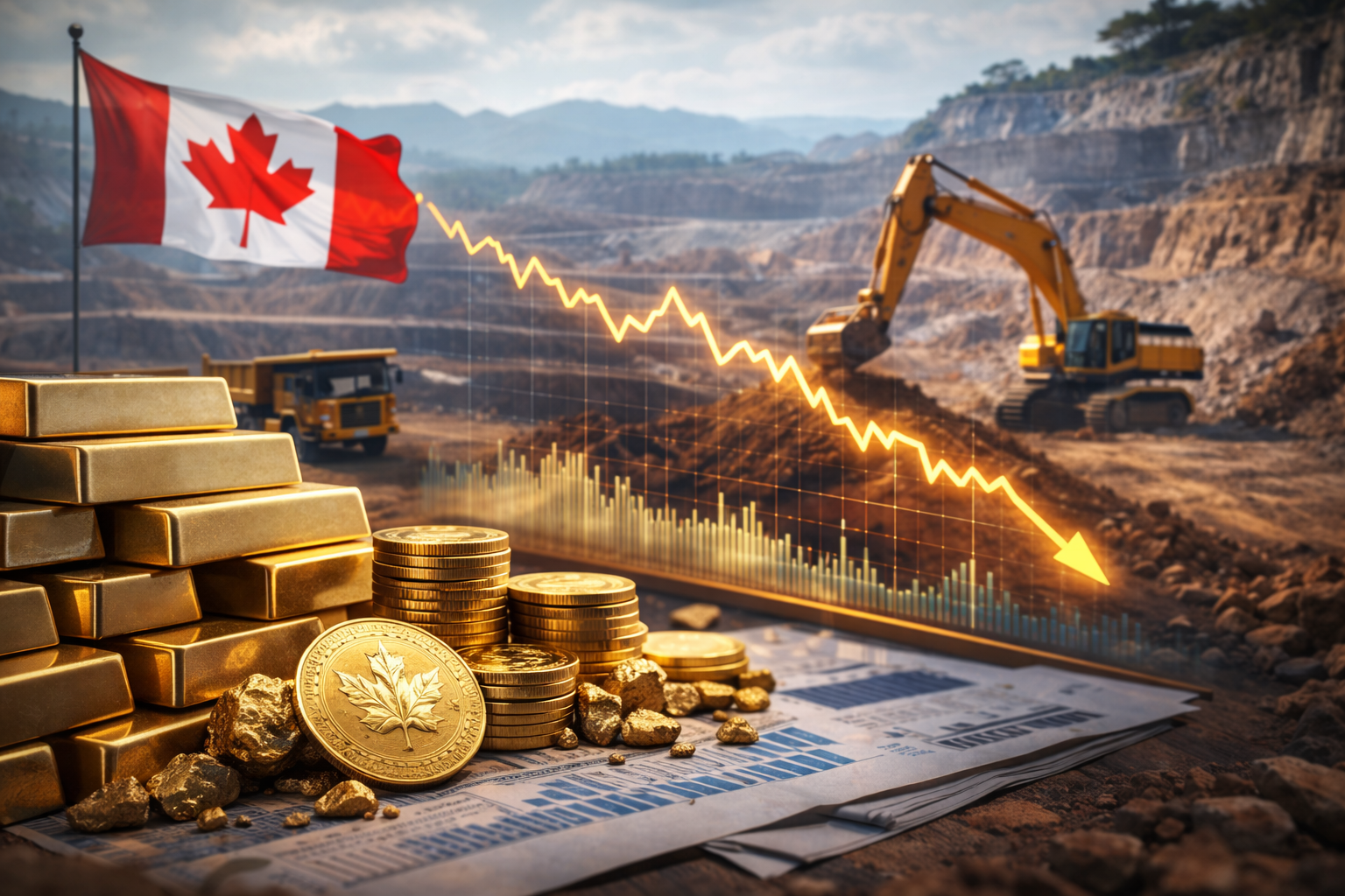 Photorealistic open-pit mine with excavators and haul trucks in the background, gold bars and coins in the foreground, a Canadian flag nearby, and a downward-trending market chart overlay.