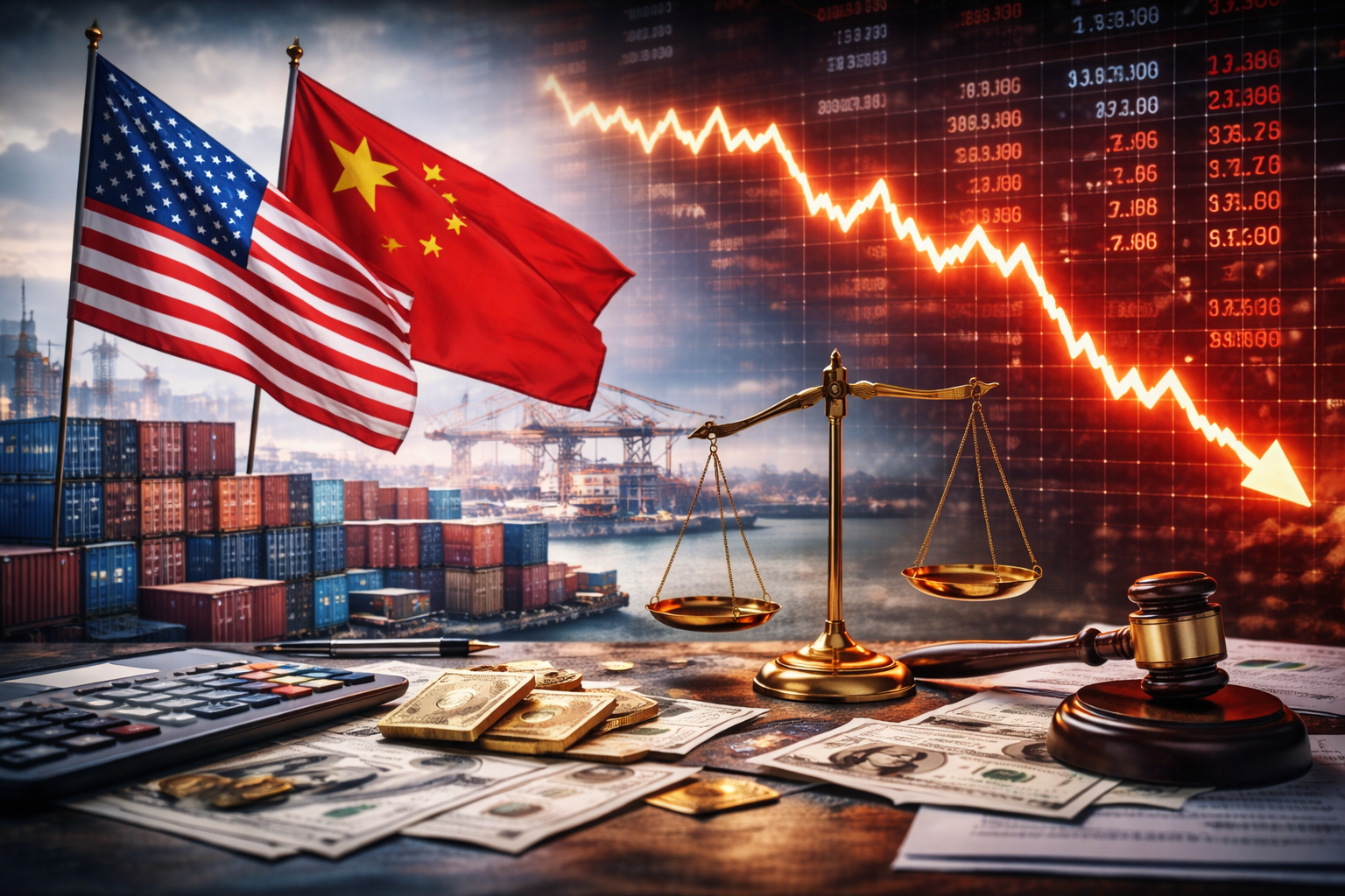 Photorealistic port scene with stacked shipping containers and cranes, U.S. and Chinese flags in the foreground, a balance scale and judge’s gavel on financial papers and cash, with a glowing downward market chart in the background.