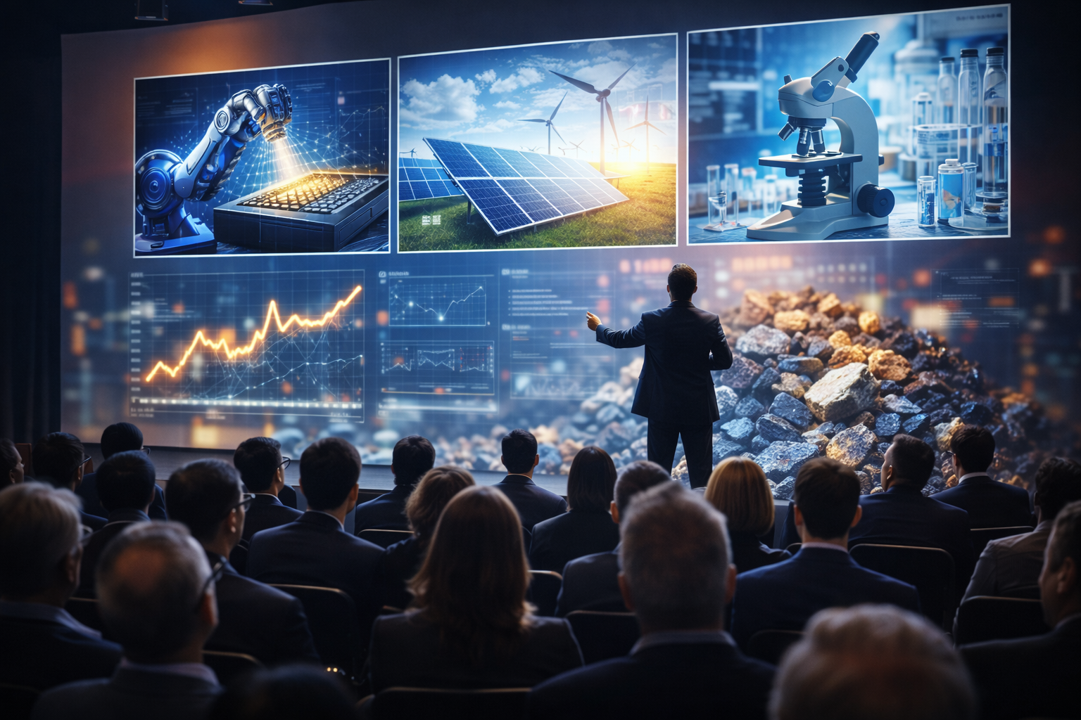 Photorealistic investor conference setting with a modern stage and audience seating, networking attendees in business attire, and exhibition-style booths with subtle market-style visuals on screens but no readable text.