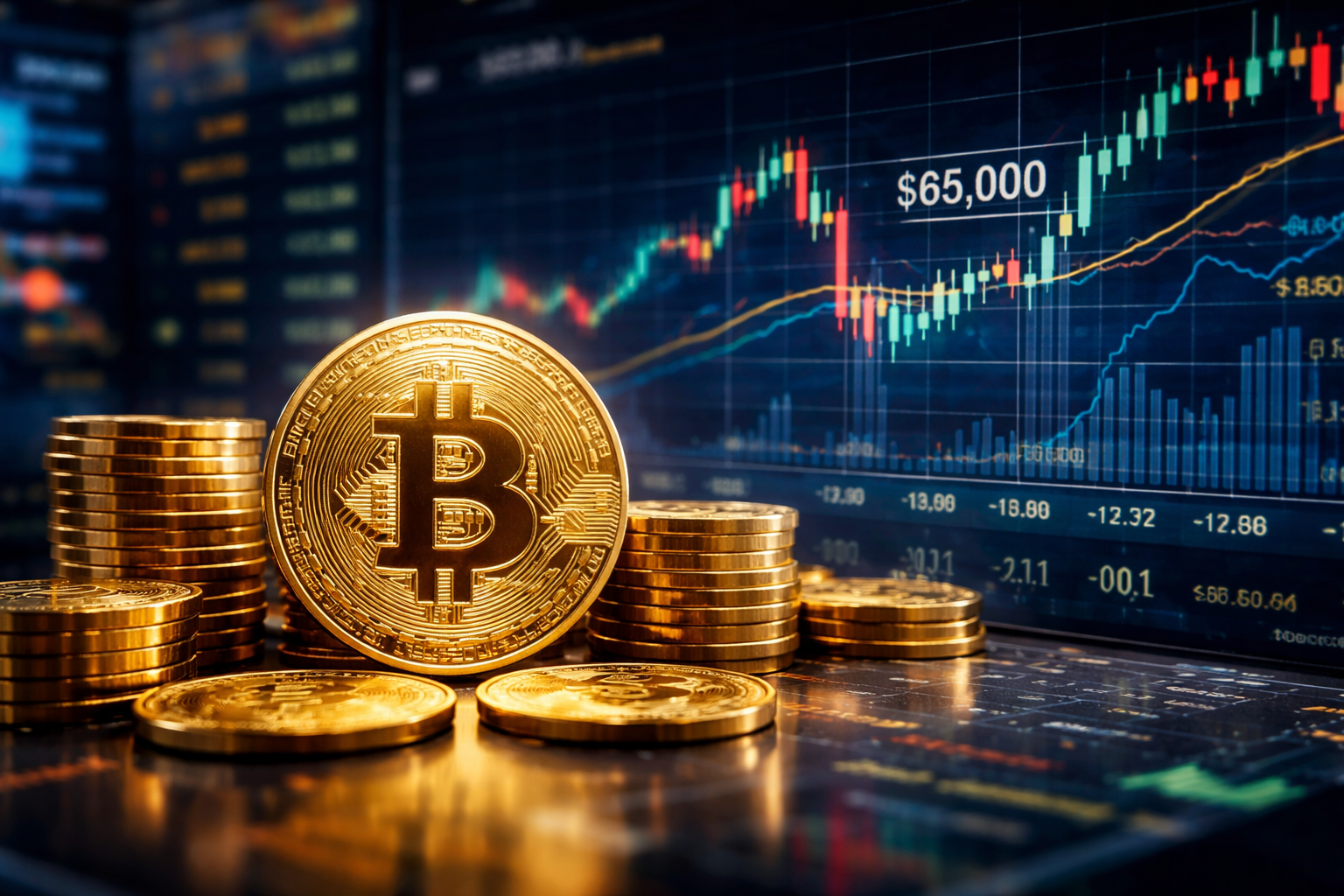 Close-up of a gold Bitcoin coin in front of stacked coins, with a blurred trading screen in the background showing a candlestick chart near the $65,000 level.