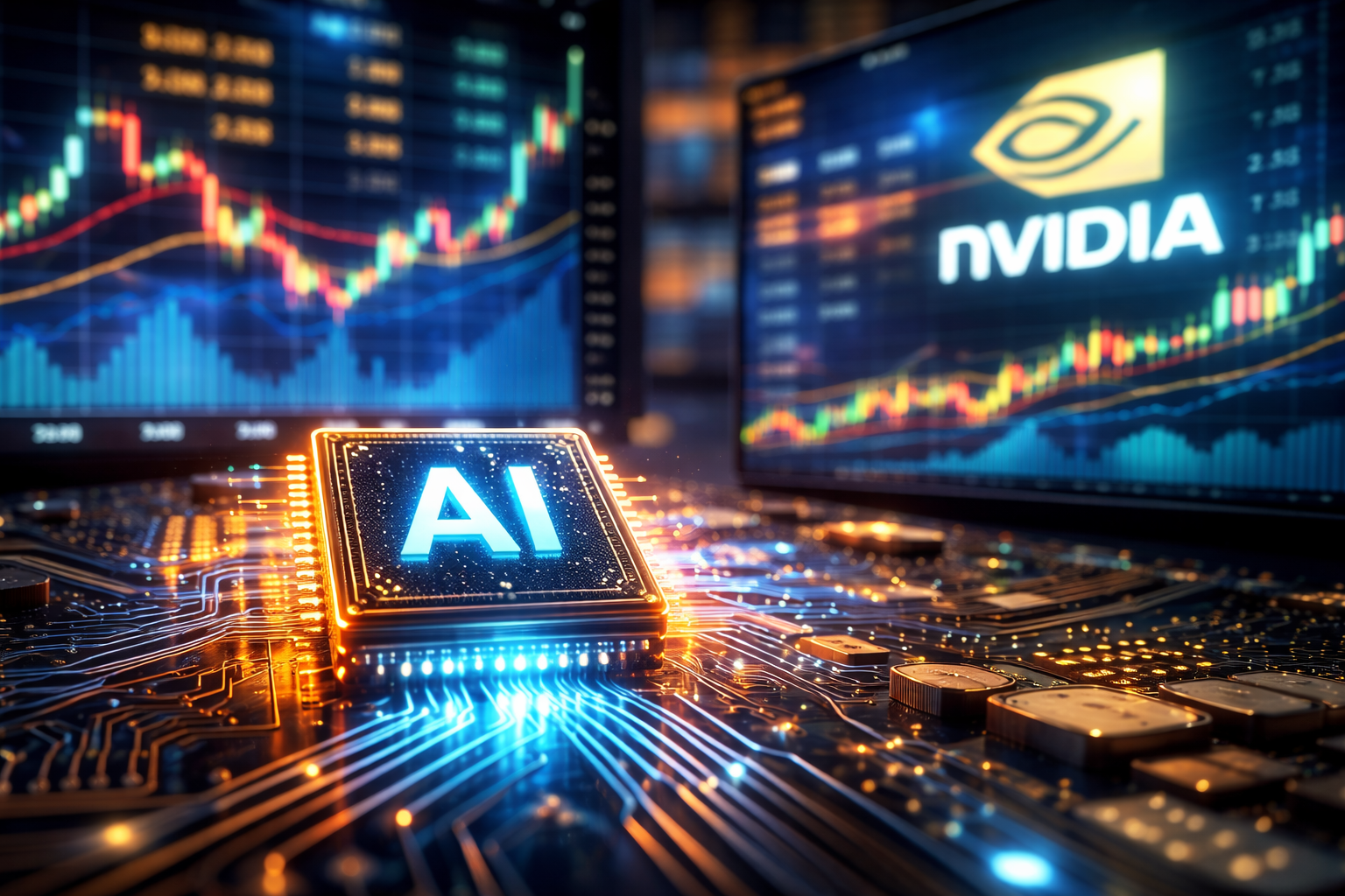 Glowing AI microchip on a circuit board with blurred stock charts in the background and a screen showing the Nvidia logo alongside rising market graphs.