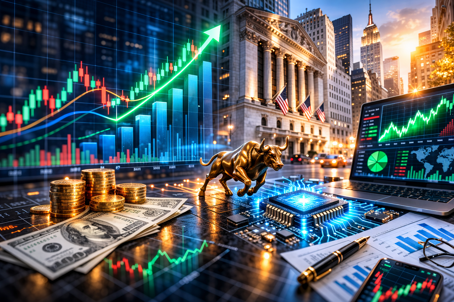 Charging bull statue on a desk with glowing AI-themed microchip imagery, coin stacks, and multiple screens showing rising stock charts, set against a New York City skyline at sunset.