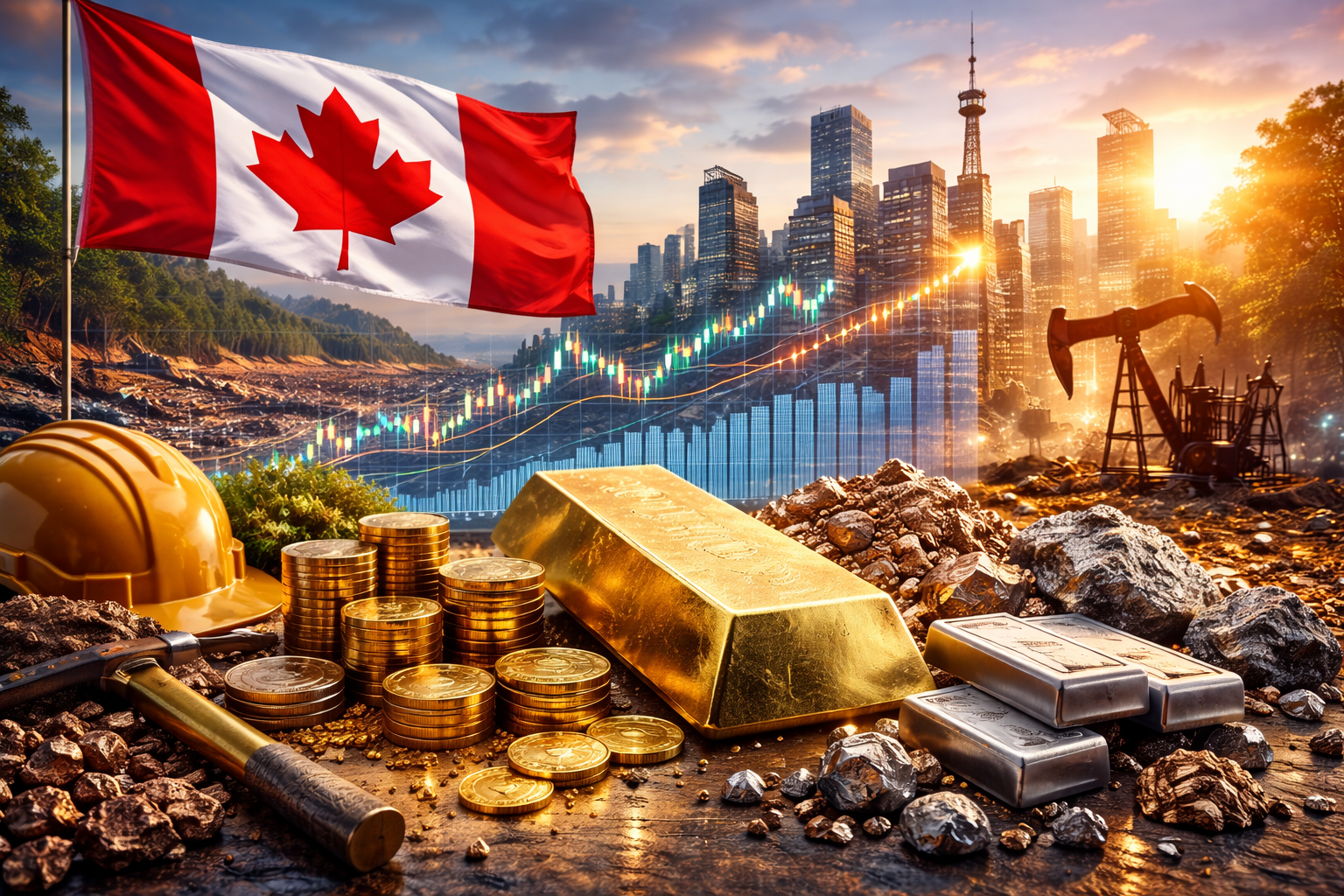 Gold bar and stacked gold coins beside silver bars and rocky ore on a mining site foreground, with a Canadian flag waving and an oil pumpjack near a city skyline in warm sunset light.