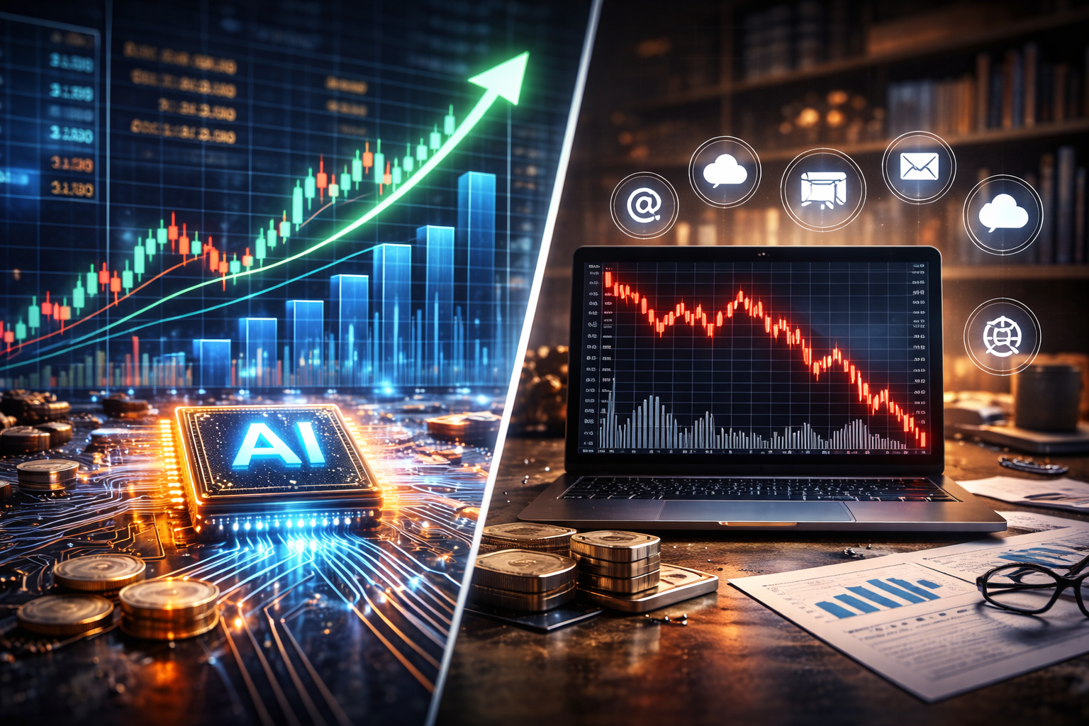 Split-screen scene showing a glowing AI microchip and rising market charts on the left, and a laptop with a falling red stock chart on the right in an office setting.