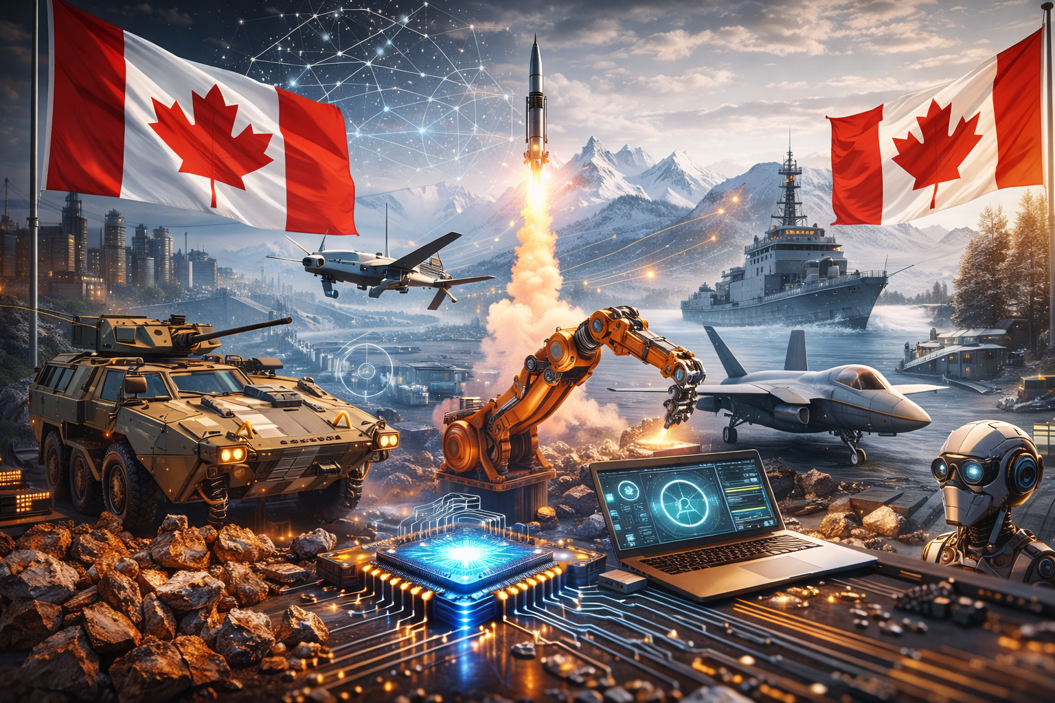 Canadian flags over a montage of defense manufacturing and technology, including an armored vehicle, industrial robotic arm, drone, naval ship, fighter jet, and a radar-style laptop display set against snowy mountains.