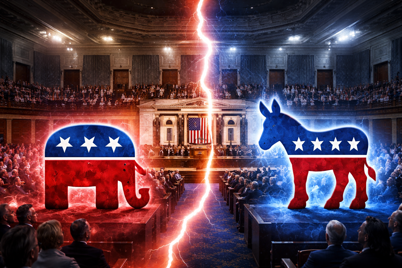 U.S. Capitol chamber scene split by a bright lightning-like divide, with opposing red and blue party symbols facing each other and lawmakers seated on both sides under dramatic lighting.