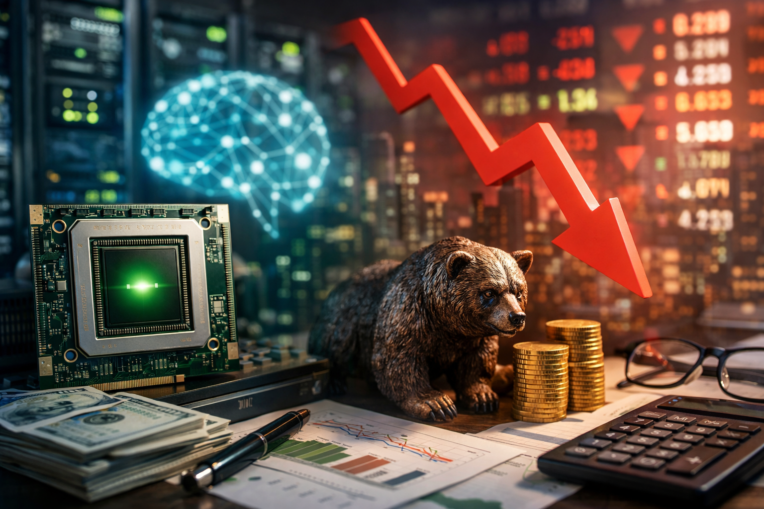 Photorealistic scene showing an AI chip on a circuit board beside cash and charts, with a bear figurine and a red downward arrow in front of blurred stock-market screens—symbolizing strong AI hardware performance amid cautious investor sentiment.