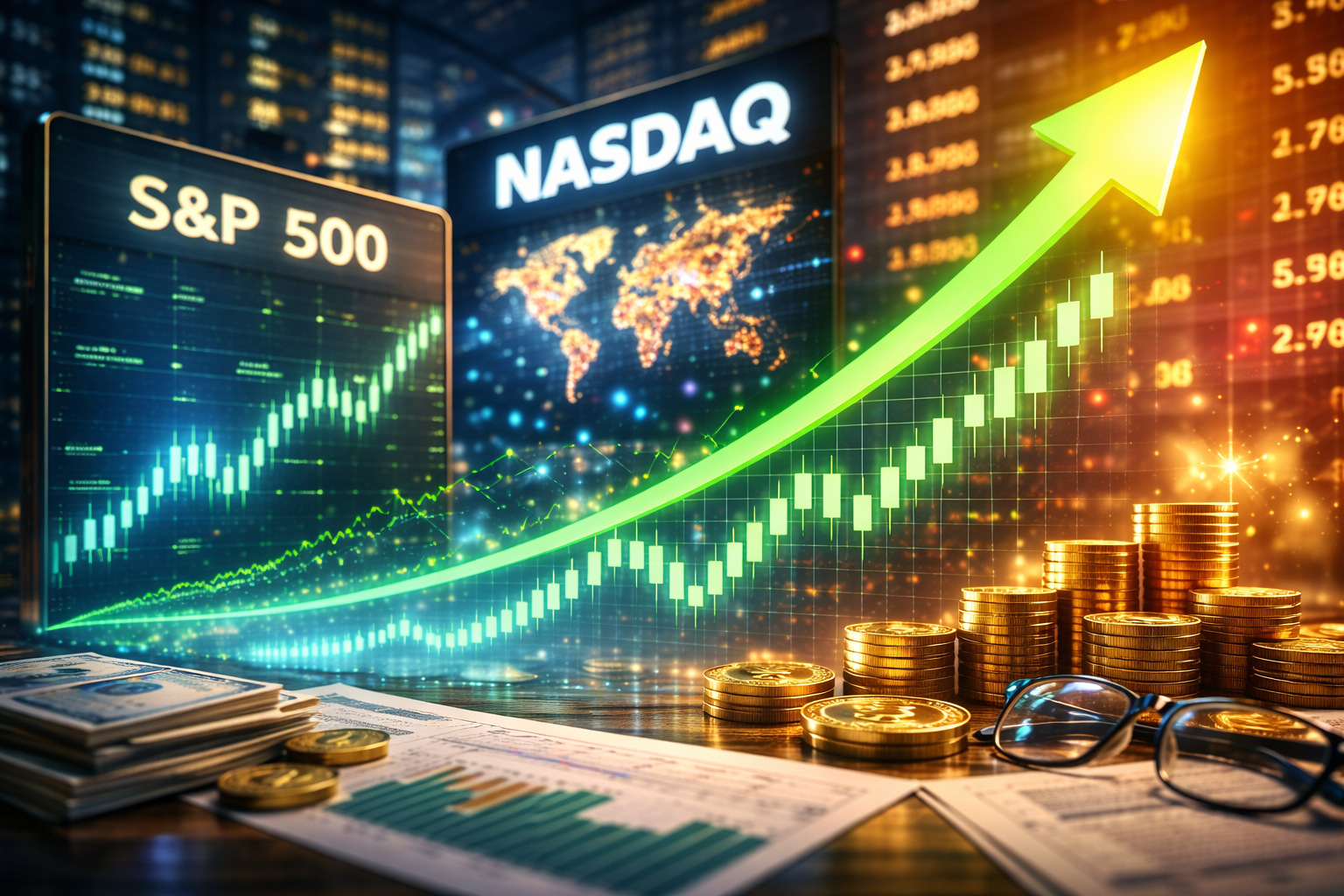 Photorealistic financial scene with upward-trending market charts on large trading screens, a bright rising arrow motif, and coins and papers on a desk—conveying a broad global equity rally and improved investor confidence.