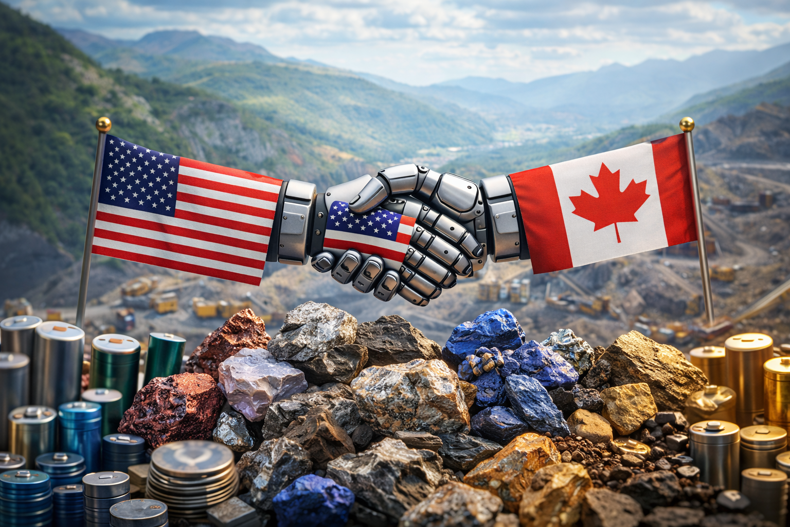 Photorealistic scene of two metallic hands shaking between U.S. and Canadian flags above a pile of raw mineral rocks, with a large open-pit mining site and mountainous landscape in the background—symbolizing cross-border cooperation on critical minerals.