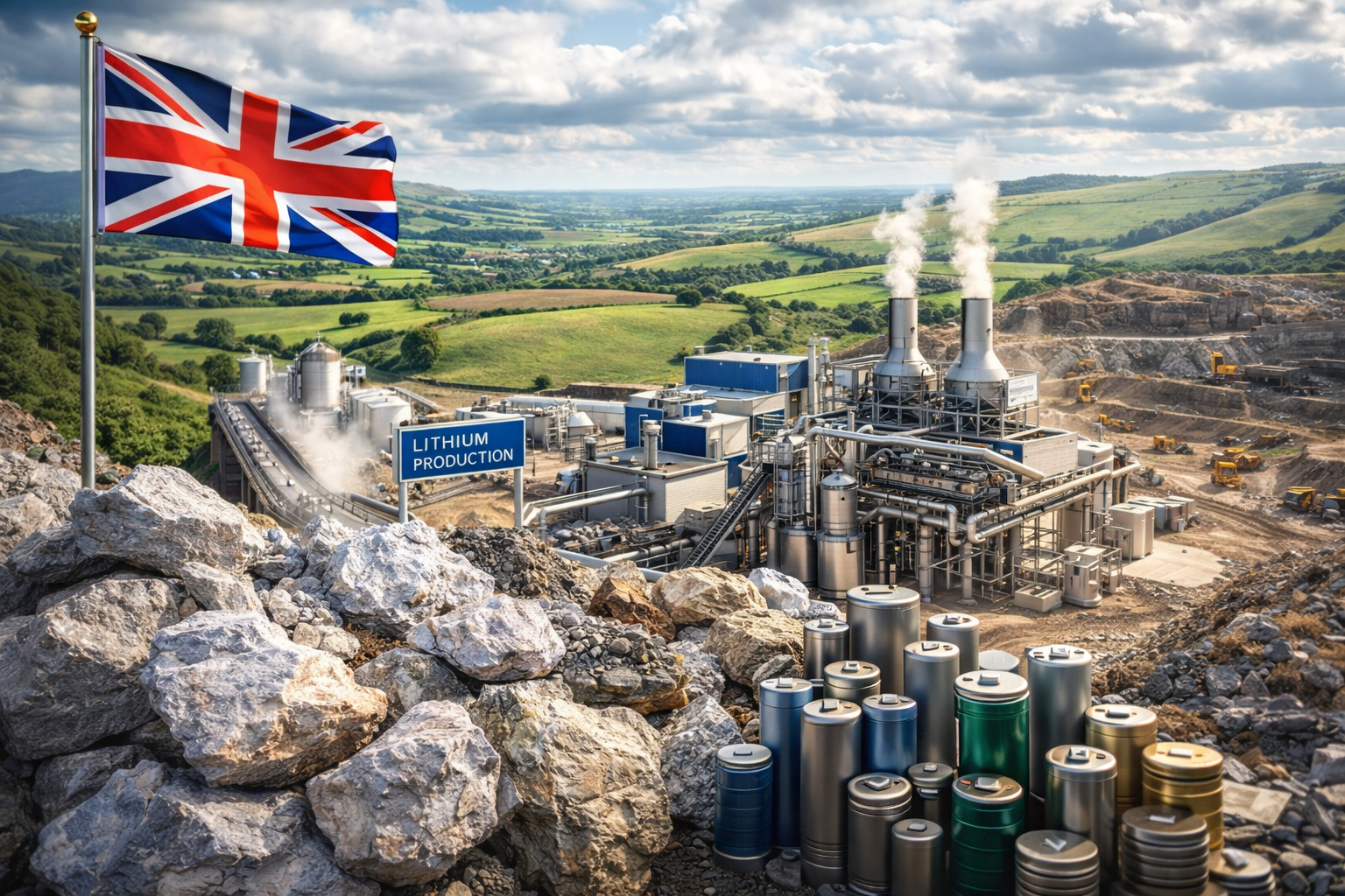 Photorealistic view of a modern industrial lithium facility set in a green rural landscape, with steam stacks, processing pipes, and an active quarry nearby; lithium-bearing rocks and battery cells sit in the foreground—symbolizing domestic critical-metals production.