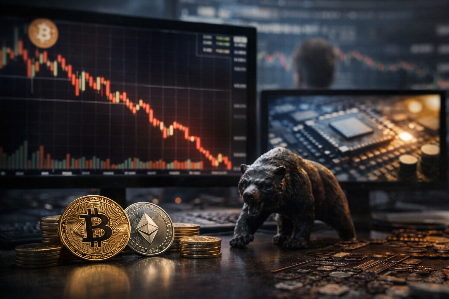 Photorealistic desk scene with stacked Bitcoin and Ethereum coins beside a dark bear figurine, with a monitor in the background showing a steep red downward candlestick chart and another screen displaying a computer chip.