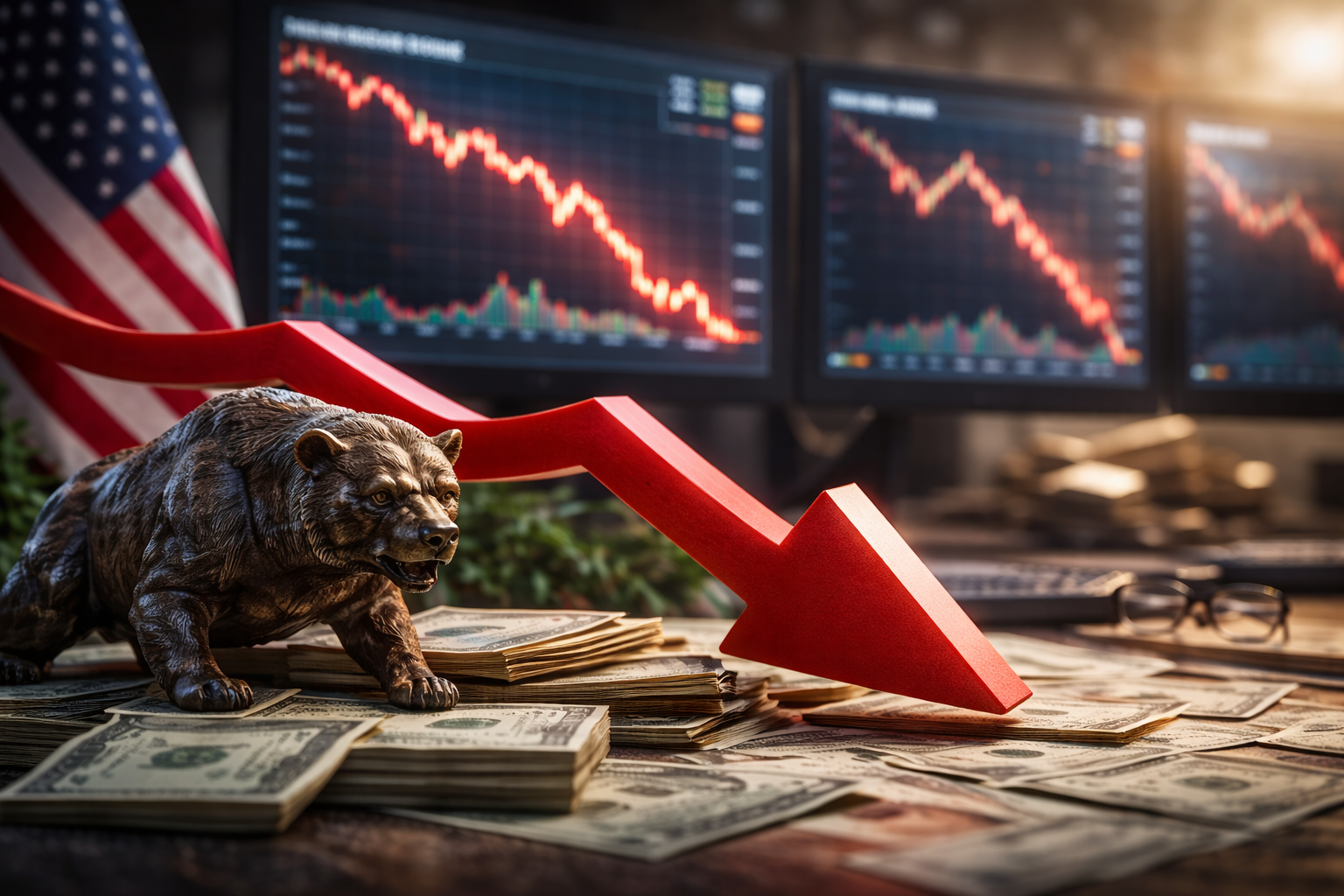 Photorealistic scene with a bronze bear statue on stacks of U.S. dollar bills and a large red downward arrow in the foreground, with multiple monitors behind showing falling stock charts and a U.S. flag partially visible.