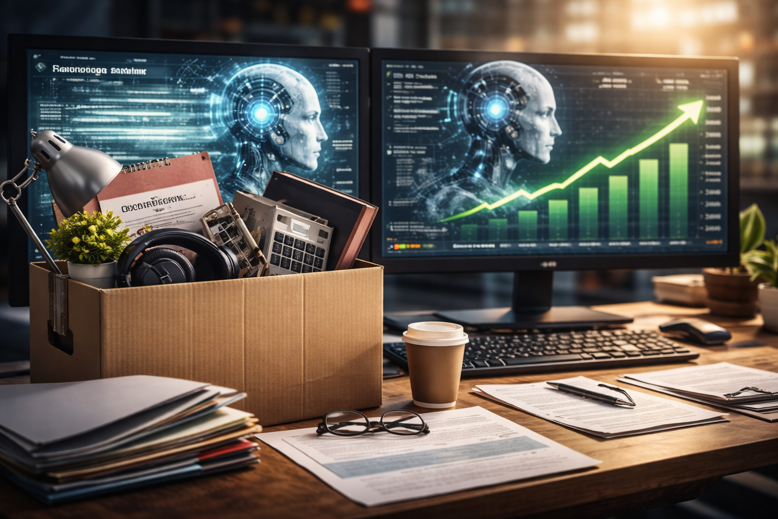 Photorealistic office desk with a cardboard box of personal items (lamp, headphones, notebook, calculator) and scattered paperwork, while two large monitors in the background show futuristic AI imagery and an upward-trending green financial chart.
