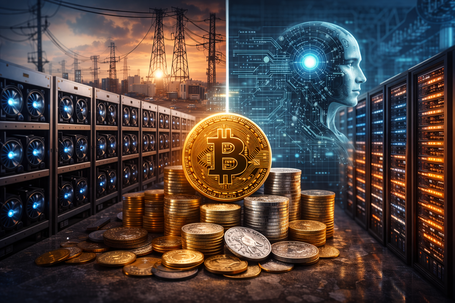 Photorealistic split-scene showing rows of blue-lit bitcoin mining rigs on one side and orange-lit server racks in an AI-style data center on the other, with power lines at sunset in the background and stacked coins with a prominent bitcoin token in the foreground.