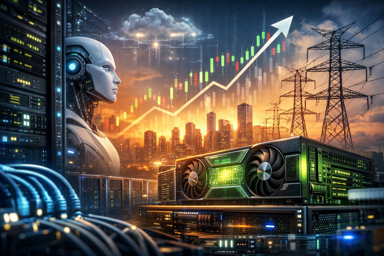 Photorealistic scene of data-center server racks and networking cables with a powerful GPU in the foreground, a glowing upward stock chart overlay, a city skyline at sunset, and high-voltage transmission towers.