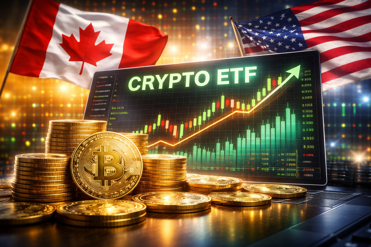 Photorealistic close-up of stacked Bitcoin coins on a desk in front of a trading screen with an upward market chart, with Canadian and U.S. flags in the background.