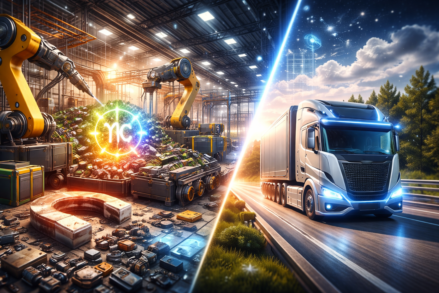Photorealistic split-scene showing an industrial recycling facility with robotic arms sorting electronic scrap and metal components on the left, and a sleek autonomous semi-truck driving on a highway at dusk on the right.