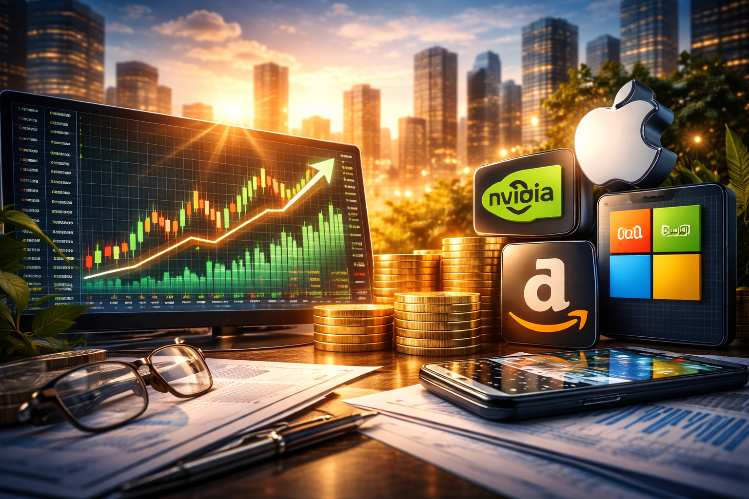 Photorealistic desk scene with a monitor showing an upward-trending market chart at sunrise, stacks of coins, and tech-themed devices set against a modern city skyline.