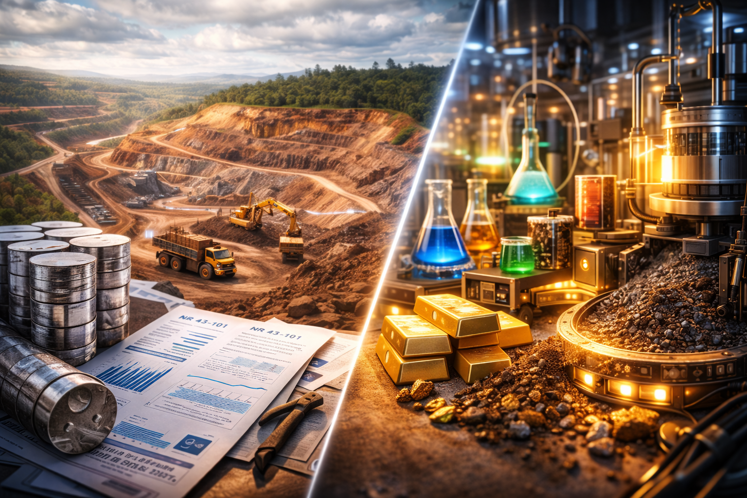Photorealistic split image showing an open-pit mine with haul trucks and excavators in a forested landscape on the left, and a modern industrial laboratory with metal-processing equipment and glass flasks on the right, with stacks of metal ingots and ore in the foreground.