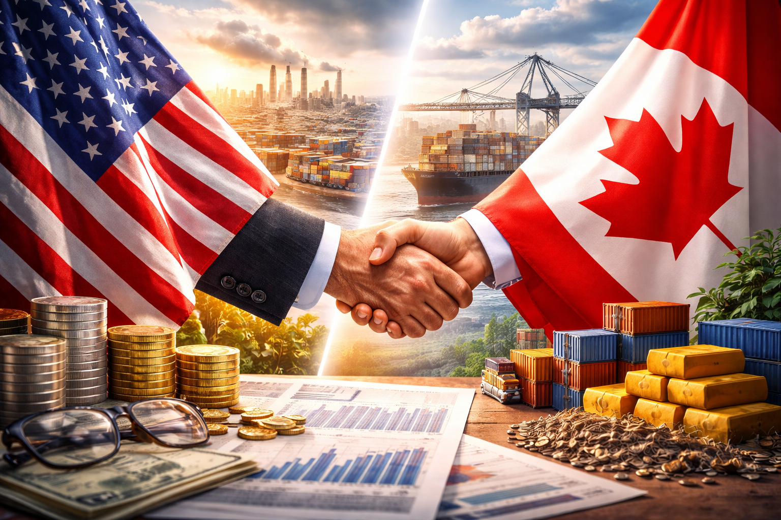 Photorealistic scene of a handshake framed by U.S. and Canadian flags, with shipping containers and cargo cranes in the background and financial documents and stacked coins in the foreground.