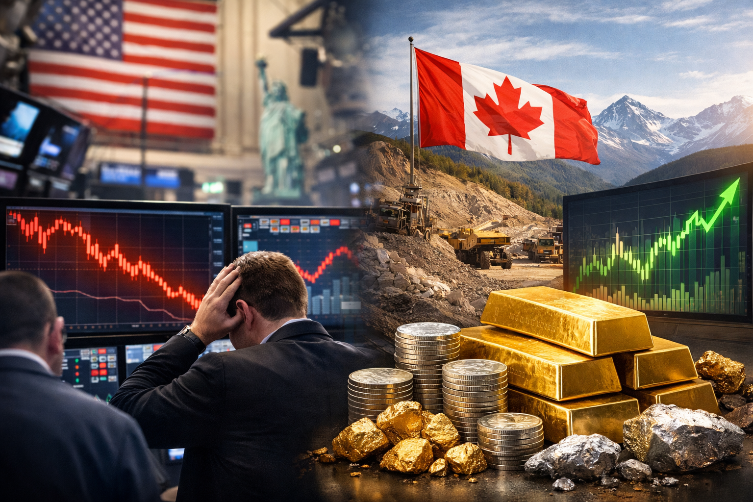 Split-scene market image showing falling U.S. stock charts and a worried trader on the left, contrasted with a Canadian flag, mining trucks, gold and silver, and a rising chart on the right.