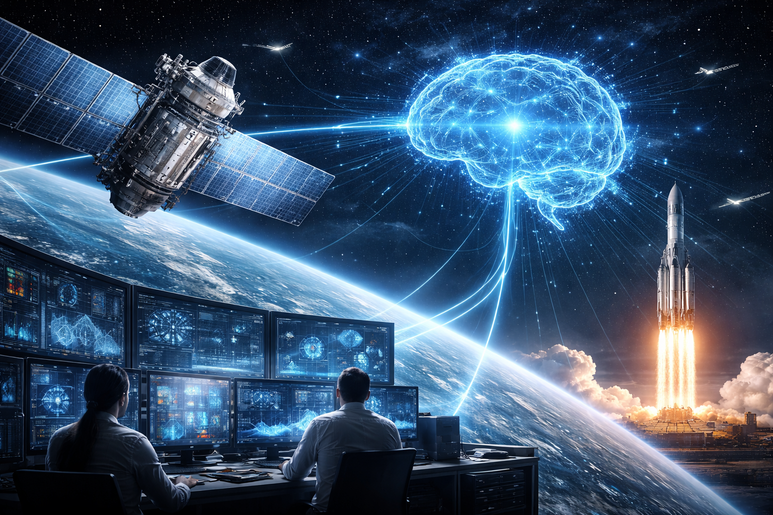 Satellite orbiting Earth beside a glowing circuit-like brain in space, with a rocket launching in the distance and analysts in a mission-control room watching data-filled screens.