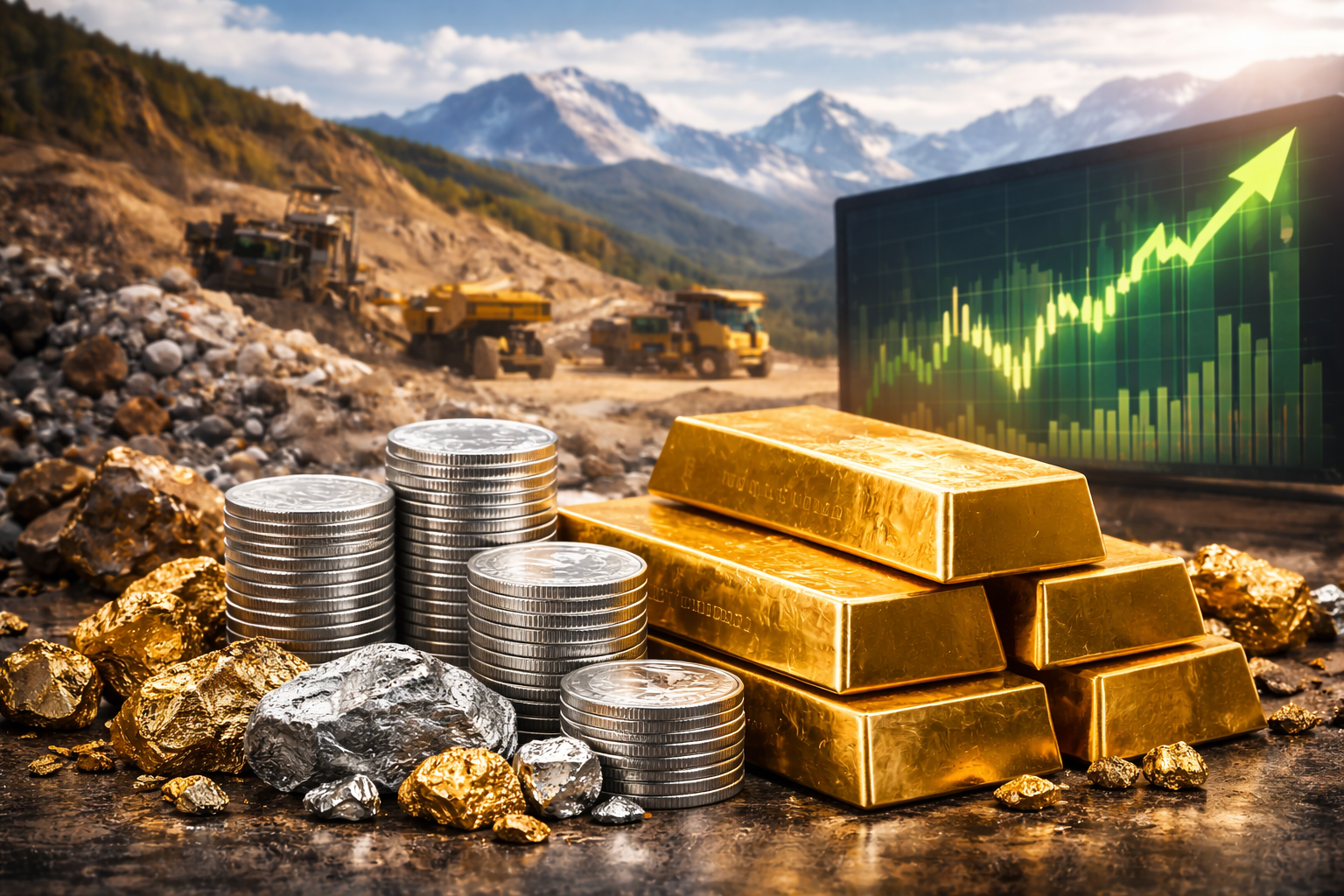 Gold bars and stacked silver coins on a reflective surface with scattered ore and nuggets, an open-pit mine in the background, and a rising market chart on a screen.