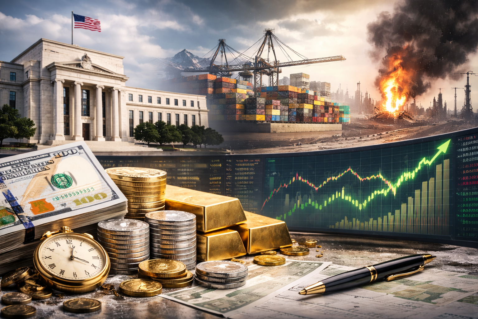 U.S. Federal Reserve-style building beside a busy container port and a distant explosion with smoke, with U.S. dollars, gold bars, stacked coins, and a market chart screen in the foreground.