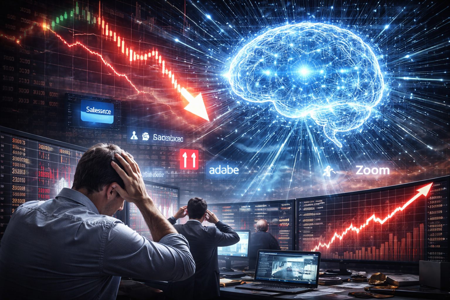Stressed traders in a trading room watch large screens with sharply falling stock charts, while a glowing AI-like neural brain graphic dominates the scene.