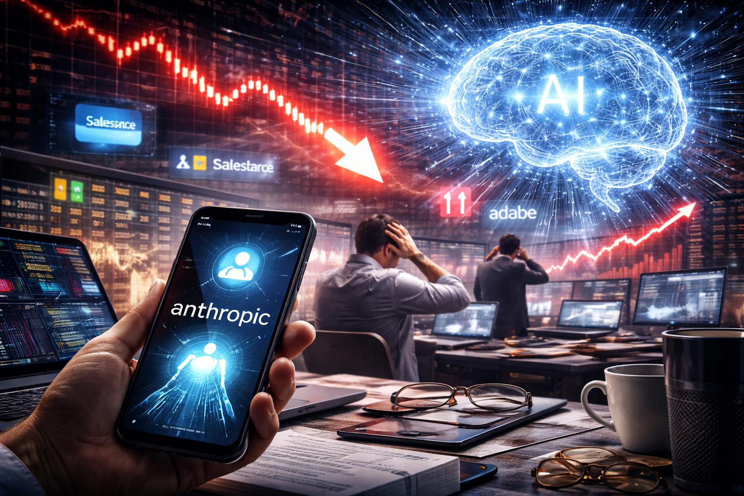 Anxious traders in a modern trading floor watch multiple screens showing steeply falling tech charts, with a glowing AI neural-network motif in the background.