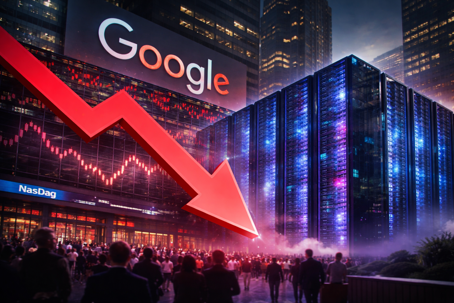 Photorealistic scene showing a large red downward market arrow in front of illuminated AI data-center server racks, with a city financial district backdrop and a prominent Google sign.
