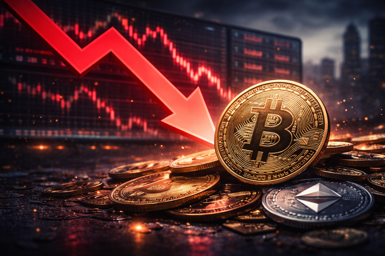Photorealistic close-up of a gold Bitcoin coin on a scattered pile of other crypto coins, with a blurred red downward price chart and stormy city skyline in the background.