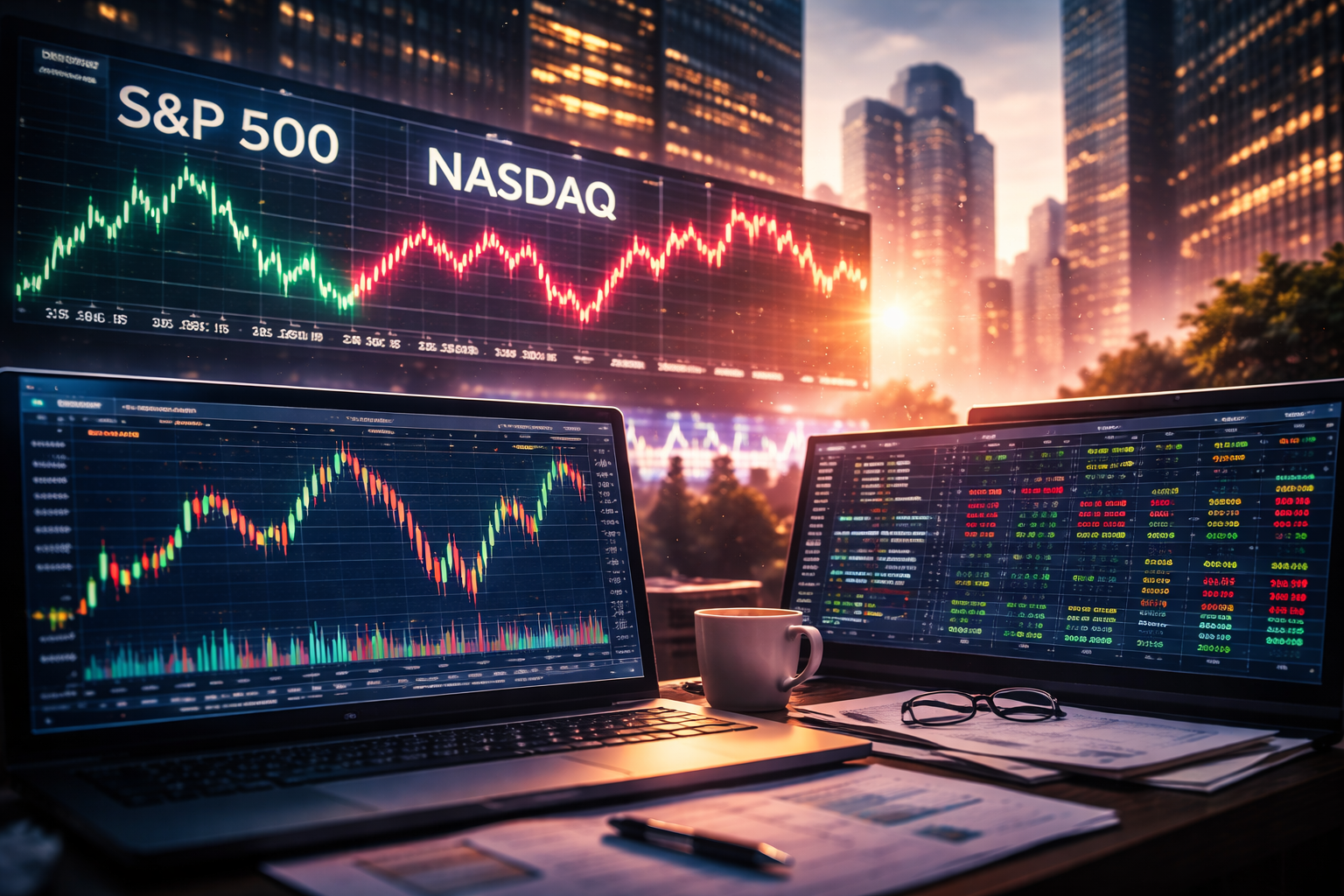 Photorealistic trading desk at sunrise with multiple monitors showing stock charts and market data, a coffee cup, papers, and a city skyline in the background.