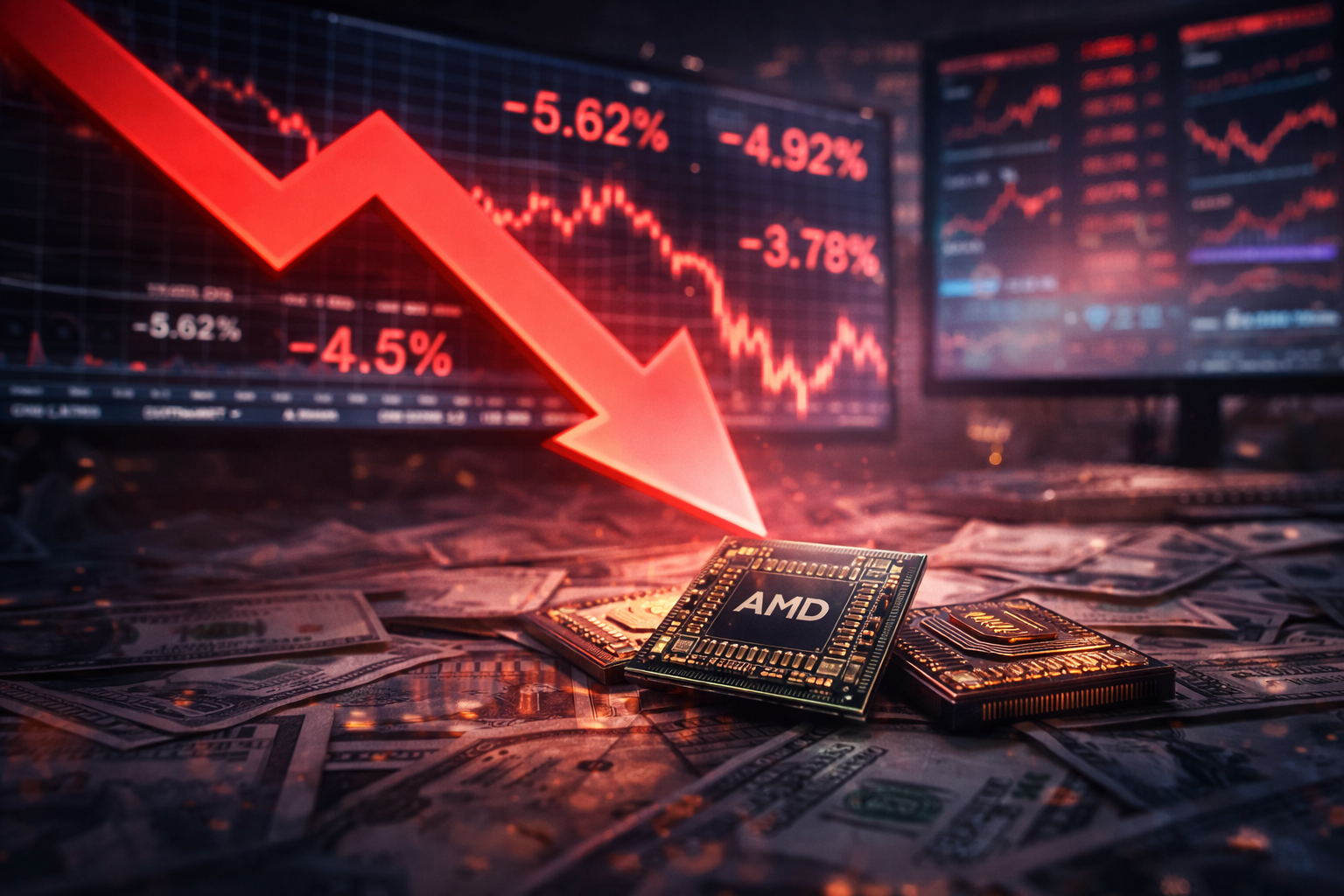 Photorealistic close-up of semiconductor chips on scattered U.S. dollar bills with a large downward red market arrow and blurred declining stock charts in the background.